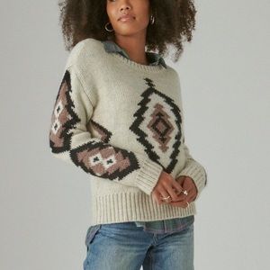 Lucky Brand Cream Geometric Crewneck Sweater with Brown & Black Accents